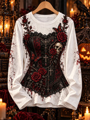 Women's Halloween Gothic Rose Skull Corset Print Long Sleeve T-shirt