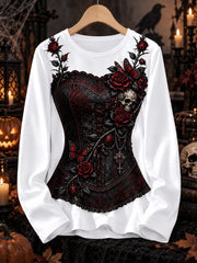 Women's Halloween Gothic Rose Skull Corset Print Long Sleeve T-shirt