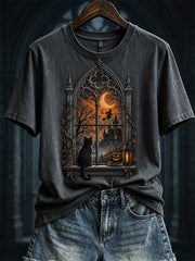 Women's Halloween Scene Gothic Window & Black Cat Print short-sleeved T-shirt