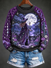 Women's Halloween Witch Black Cat Raglan Sleeve Sweatshirt