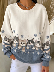 Women's Cute Cats In Autumn And Winter Print Ribbed Round-Neck Sweatshirt
