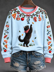 Women's "Every Pet’s Thanksgiving Dream" Black Cat Print Casual Sweatshirt