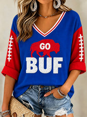 Women's Football Lover Buffalo Print Casual V-Neck Tee