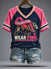 Women's Chicago Football Lover Bear Art Breast Cancer Awareness Printed T-shirt