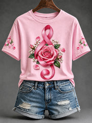 Women's Elegant Pink Ribbon Floral Treble Clef Print Short-sleeved T-shirt