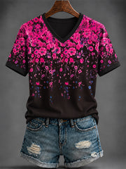 Women's Pink Flowers Printed V-neck T-shirt
