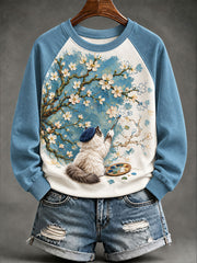 Women's "Cat Artist" Apricot Blossom Fun Casual Sweatshirt