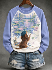 Women's "Dog Artist" Water Lily Print Casual Sweatshirt