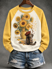Women's "Cat Artist" Sunflower Fun Casual Sweatshirt