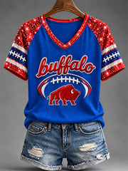 Women's Football Lover Buffalo Print Casual V-Neck Tee