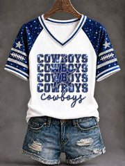Women's Cowboys V-Neck Off-Shoulder Short-Sleeved T-shirt