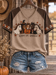 Women's Western Halloween Horses Art Printed T-shirt