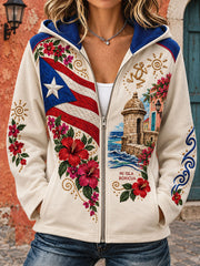 Women's Puerto Rico Art Printed Zip-Up Hoodie