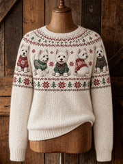 Women's Christmas West Highland Pattern Casual crew neck sweater