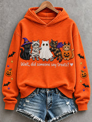 Women's Wait Did Someone Say Treats Halloween Cats Print Hoodie