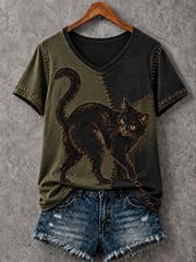 Women's Halloween Cat Printed V-neck T-shirt