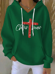 Women's Merry Christmas Cross Print Ribbed Hoodie
