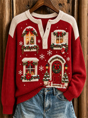 Women's Snowy Christmas House Door & Windows Print Button Up Sweater