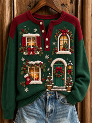 Women's Snowy Christmas House Door & Windows Print Button Up Sweater