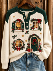 Women's Snowy Christmas House Door & Windows Print Button Up Sweater
