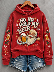 Women's Funny Christmas Ho Ho Hold My Beer Santa Claus Print Casual Hoodie