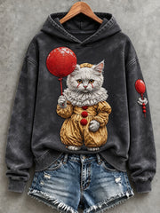 Women's Vintage Halloween Clown Cat Print Cozy Hoodie