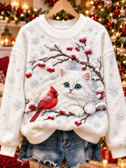 Women's Cute Christmas Cat Northern Cardinal Art Print Casual Flannel Sweatshirt