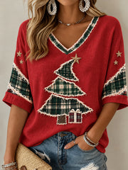 Women's Christmas Tree Art Mid-length Sleeves V-Neck T-Shirt