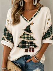 Women's Christmas Tree Art Mid-length Sleeves V-Neck T-Shirt