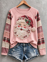 Women's Pink Santa Patchwork Art Long-Sleeve T-Shirt