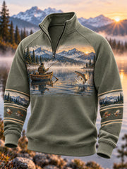 Men's Vintage Wilderness Fishing Print Zip-Up Hoodie