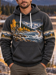 Men's Vintage Wilderness Fishing Print Oversized Drop-Shoulder Hoodie with Pockets
