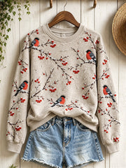 Women's Snowy Winter Eurasian Bullfinch Birds on Branches Print Sweatshirt