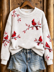 Women's Winter Red Cardinal Pattern Causal Flannel Sweatshirt