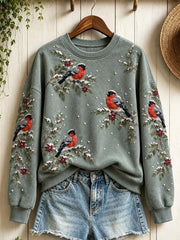 Women's Snowy Winter Eurasian Bullfinch Birds on Branches Print Sweatshirt