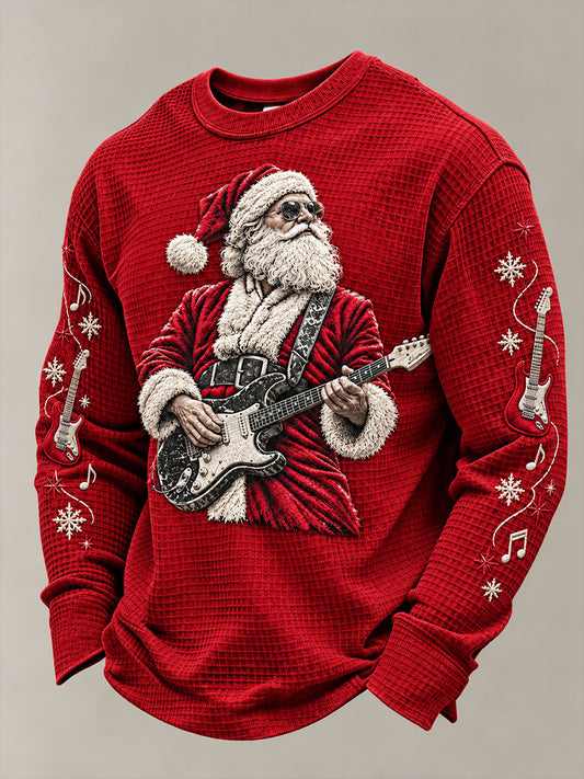 Men's Guitar Rock Santa Claus Print Waffle Sweatshirt
