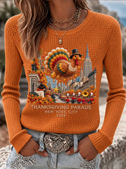 Women's Thanksgiving Day Parade Print Casual Waffle T-shirt