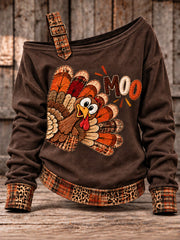 Women's Cute Thanksgiving Turkey Face Art Casual Off-Shoulder Sweatshirt