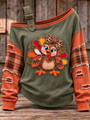 Women's Cute Thanksgiving Turkey Face Art Casual Off-Shoulder Sweatshirt