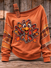 Women's Cute Thanksgiving Turkey Art Casual Off-Shoulder Sweatshirt