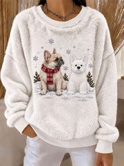 Women's French Bulldog and Snowman Fun Print Flannel Hoodie