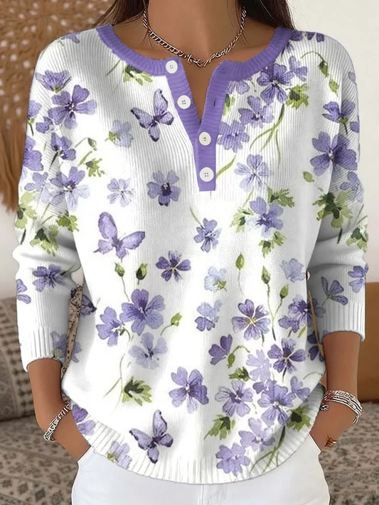 Women's Purple Floral Print Knit Button-Up Top
