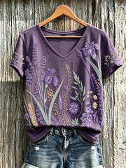 Women's purple plant flower pattern printed casual T-shirt