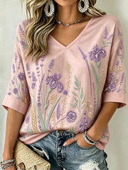 Women's Purple Plant Pattern Printed Mid-length Sleeves V-Neck T-Shirt
