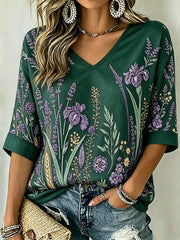 Women's Purple Plant Pattern Printed Mid-length Sleeves V-Neck T-Shirt