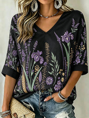 Women's Purple Plant Pattern Printed Mid-length Sleeves V-Neck T-Shirt