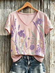 Women's purple plant flower pattern printed casual T-shirt
