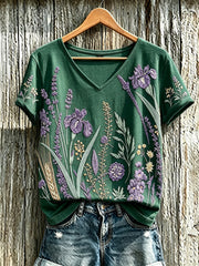 Women's purple plant flower pattern printed casual T-shirt