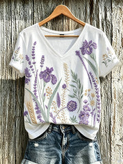 Women's purple plant flower pattern printed casual T-shirt