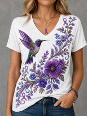 Women's Purple Floral & Hummingbird Print Alzheimer's Awareness Support V-Neck Tee